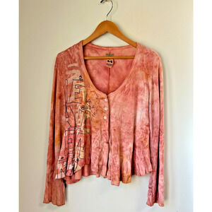 People of the Labyrinths POTL Pink Hand Dyed Woven Top V-Neck Ruffle Hem Size M
